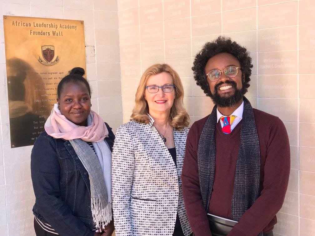 Saint Rose President Carolyn J. Stefanco with African Leadership Academy Director of University Guidance Chemeli Kipkorir, at left, and Dean of the Academy Hatim A. Eltayeb, at right.