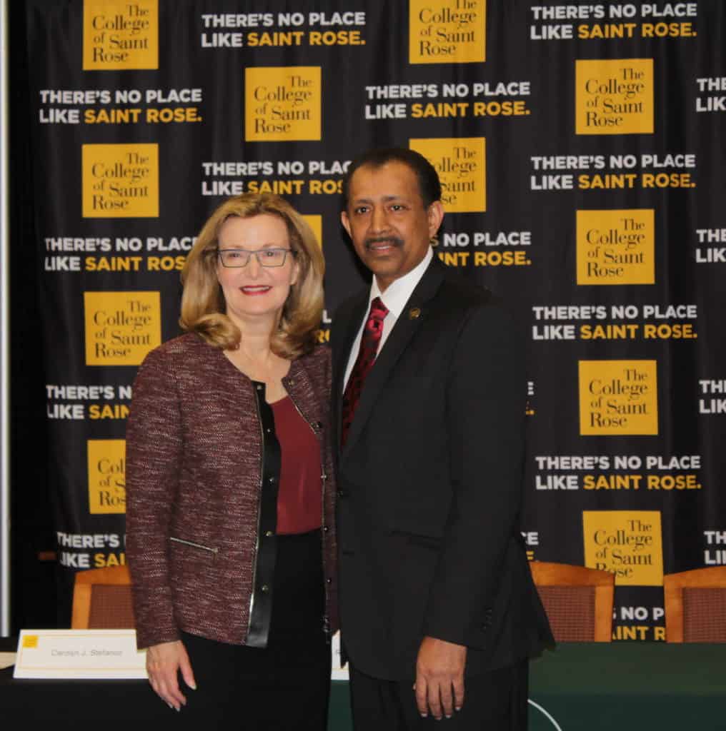 Saint Rose President Carolyn J. Stefanco with Hudson Valley Community College President HVCC President Roger A. Ramsammy at the signing for an articulation agreement for cybersecurity between the two institutions.