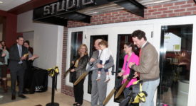 George R. Hearst III and family and Saint Rose President Carolyn J. Stefanco cutting ribbon at Studio G3 dedication at Saint Rose