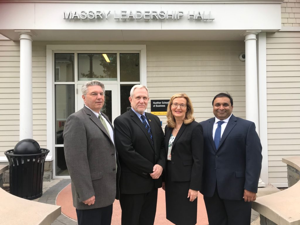 From left to right, Dr. Gerald (Gerry) Lorentz, dean of the School of Arts and Humanities; Dr. Steven Ralston, provost and vice president for academic affairs; President Carolyn J. Stefanco; and Dr. Rajarshi (Raj) V. Aroskar, dean of the Huether School of Business.