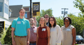 Six of the seven new full-time faculty for 2019-2020 at The College of Saint Rose posing outside 