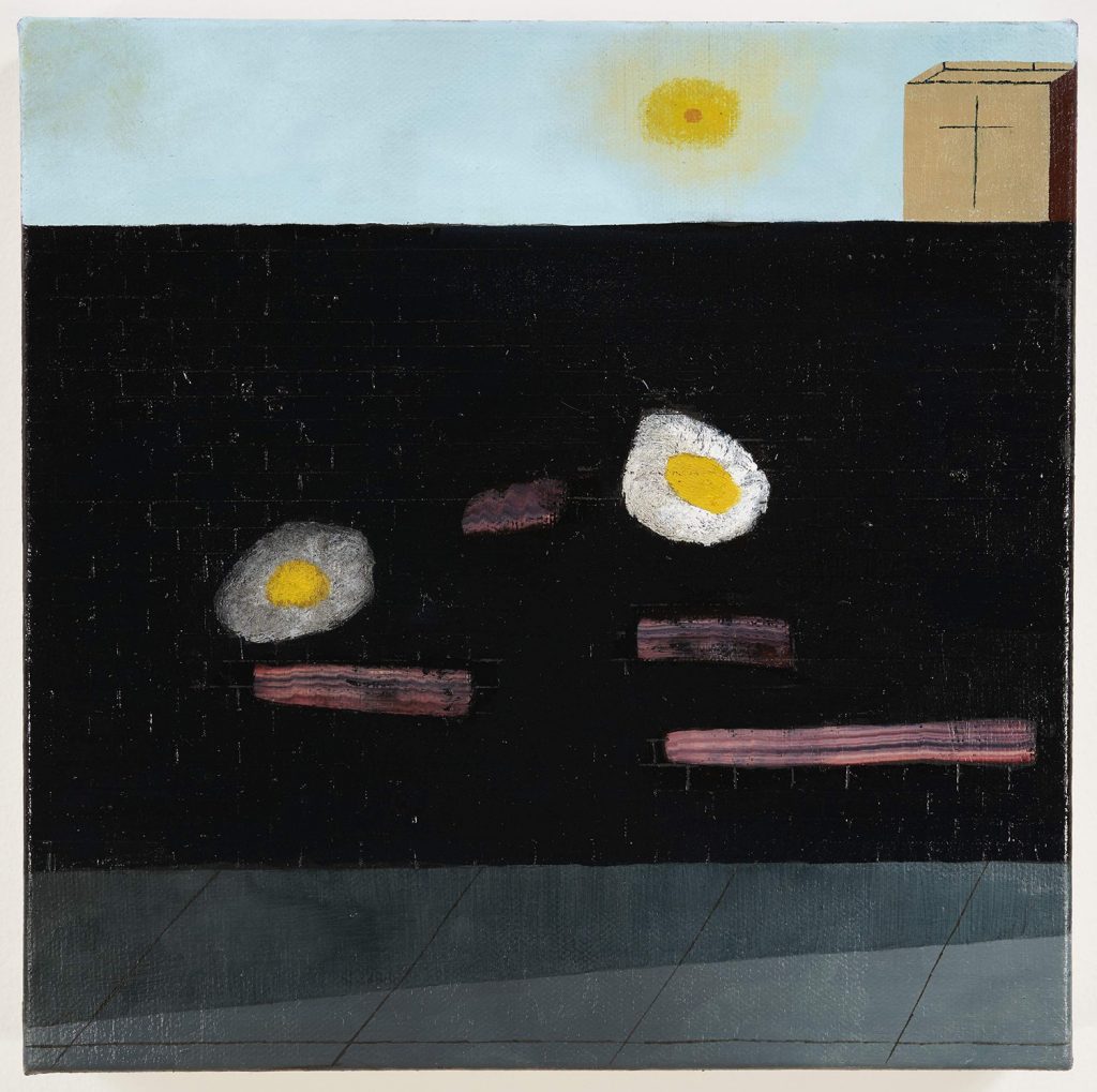 Kenny Rivero, Bacon, Eggs, and Jesus, 2018, oil and acrylic on canvas, 10 x 10 in. Courtesy Anthony Grant, New York.
