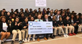 Steven Gamache G'10 with his students in New Orleans after winning the Milken Educator Award