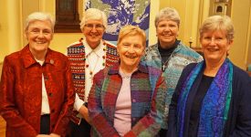 New Sisters of St. Joseph of Carondelet leadership team whose term runs from 2020 – 2026: (from left) Sisters Mary McGlone (St. Louis), Sally Harper (St. Louis/Peru), Therese Sherlock (St. Paul), Sean Peters (Albany), and Patty Johnson (St. Louis)