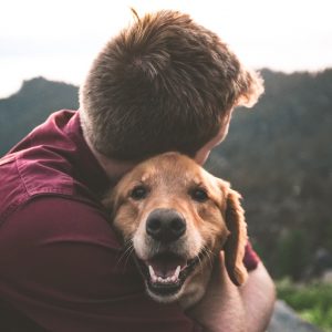 Picture of person hugging smiling dog