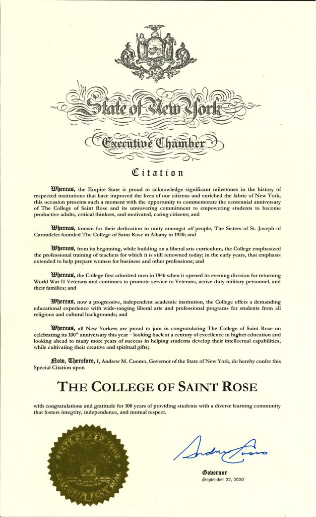 citation from Gov. Andrew Cuomo for Saint Rose centennial (text in post)