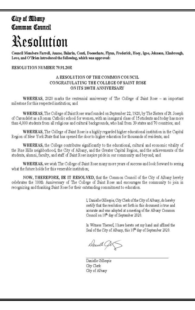 Albany Common Council resolution for Saint Rose (text in post)