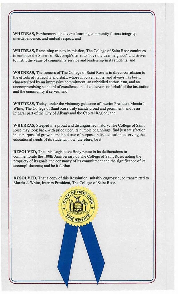 Citation from Albany Mayor's Office for Saint Rose centennial (text in post)