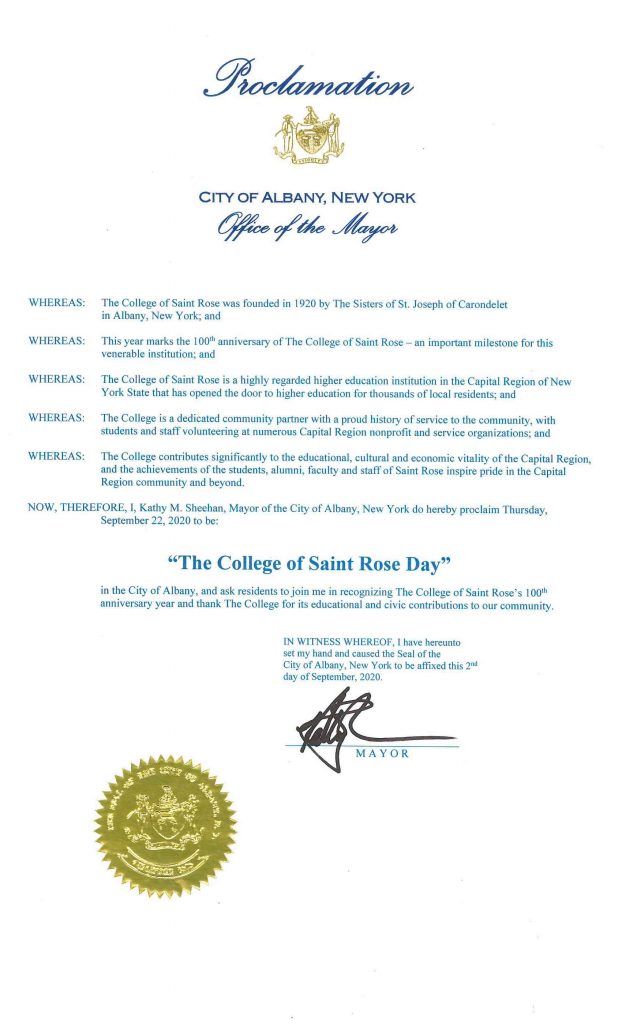 Citation from Albany Mayor's Office for Saint Rose centennial (text in post)