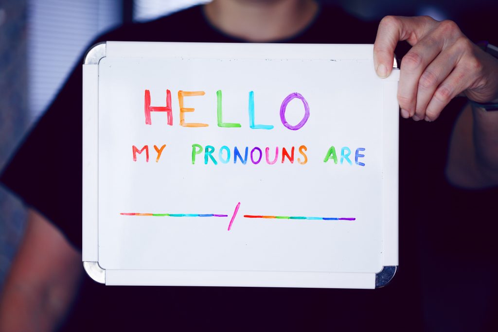 "Hello, My pronouns are..." Sign for Pride Month
